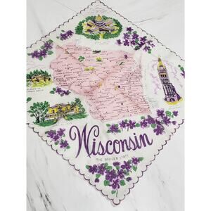 Vintage Franshaw 1960's Ladies Handkerchief‎ Hanky WISCONSIN state souvenir mcm